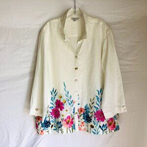 John Mark Women's Plus Size 2X Floral 100% Linen Button Up Tunic Top